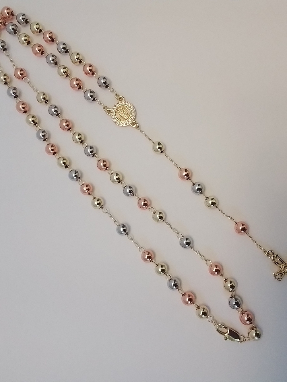 Pretty Bird Tri-Tone Rosary Bead Necklace in Gold, Rose, Silver